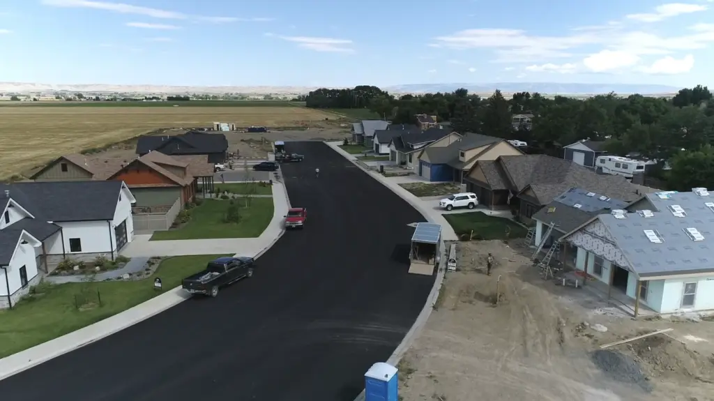 New construction of Cottonwood Village aerial view in Powell, Wyoming built by Harvell Homes